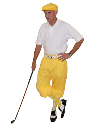 Yellow Golf Knickers, Flat Cap, Argyle Socks, White Polo