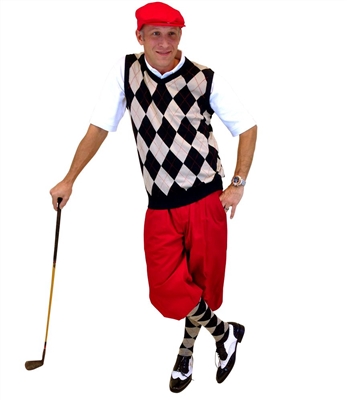 Men's Golf Outfit - BlackKhakiRed Overstitch wRed Knickers